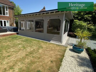 Outdoor Room Canvas measured, designed, manufacturing & fitted in Sunbrella Plus Cadet Grey