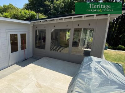 Outdoor Room Canvas measured, designed, manufacturing & fitted in Sunbrella Plus Cadet Grey