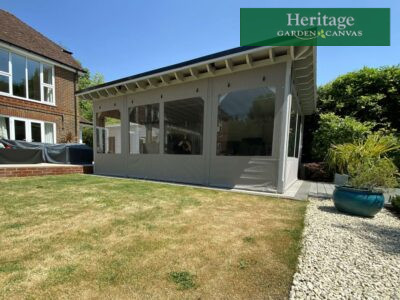 Outdoor Room Canvas measured, designed, manufacturing & fitted in Sunbrella Plus Cadet Grey