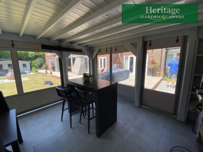 Outdoor Room Canvas measured, designed, manufacturing & fitted in Sunbrella Plus Cadet Grey